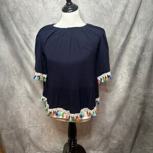 Marezzi Couture Top Blouse Women S Navy Boho Pom Poms Cotton Peasant Festival
